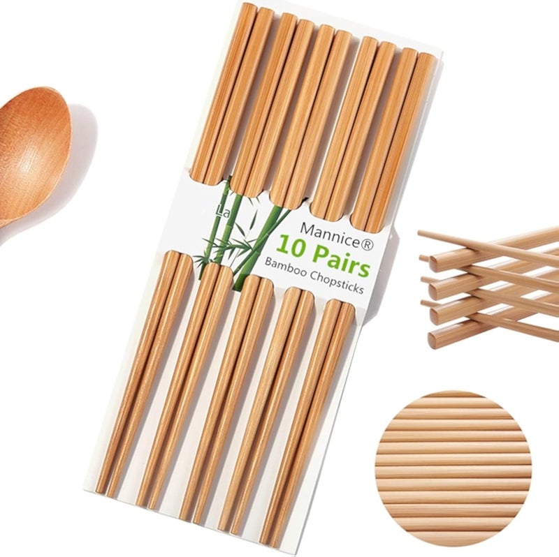 عيدان طعام مانيس قابلة لإعادة الاستخدام، مصنوعة من الخشب الطبيعي الصيني الطويل والخفيف الوزن، للأكل والطبخ - طقم هدايا من 10 أزواج، قابلة للغسل في غسالة الصحون، لون الخيزران